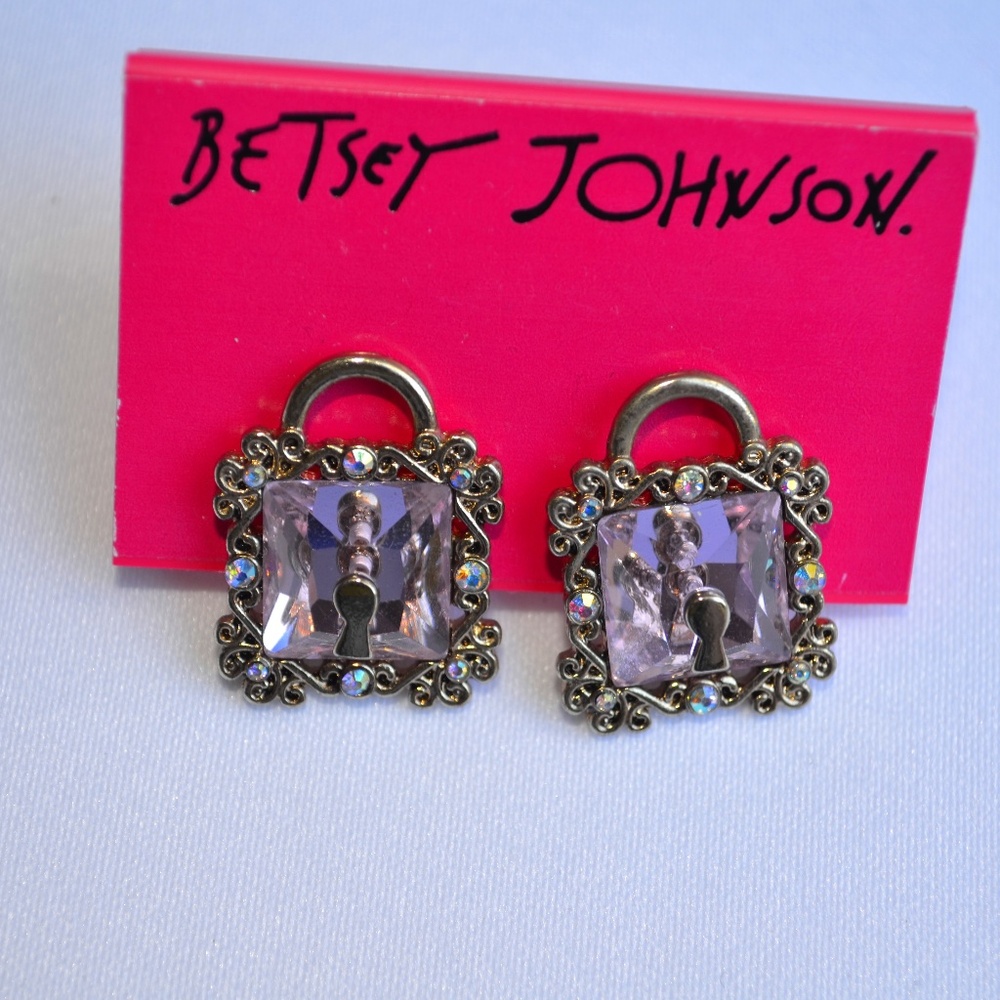 Betsey Johnson Pink Lock Crystal Love Birds Stud Earrings